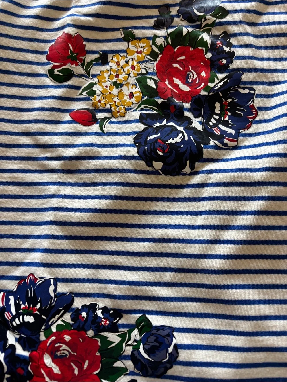 Tory Burch Striped Floral Short Sleeve Tee - Blue, Yellow, Red